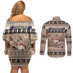 Aussie Echidna Couples Matching Off Shoulder Short Dress and Long Sleeve Button Shirt Merry Christmas