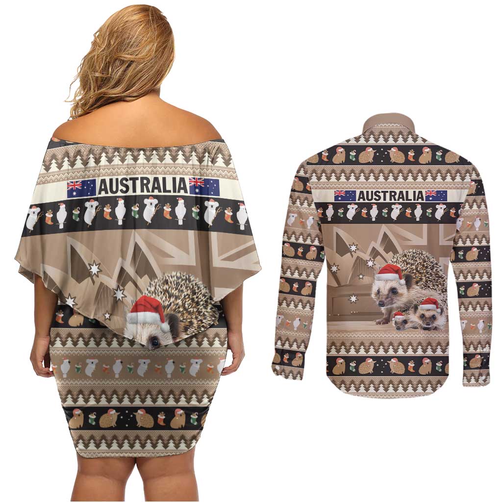 Aussie Echidna Couples Matching Off Shoulder Short Dress and Long Sleeve Button Shirt Merry Christmas