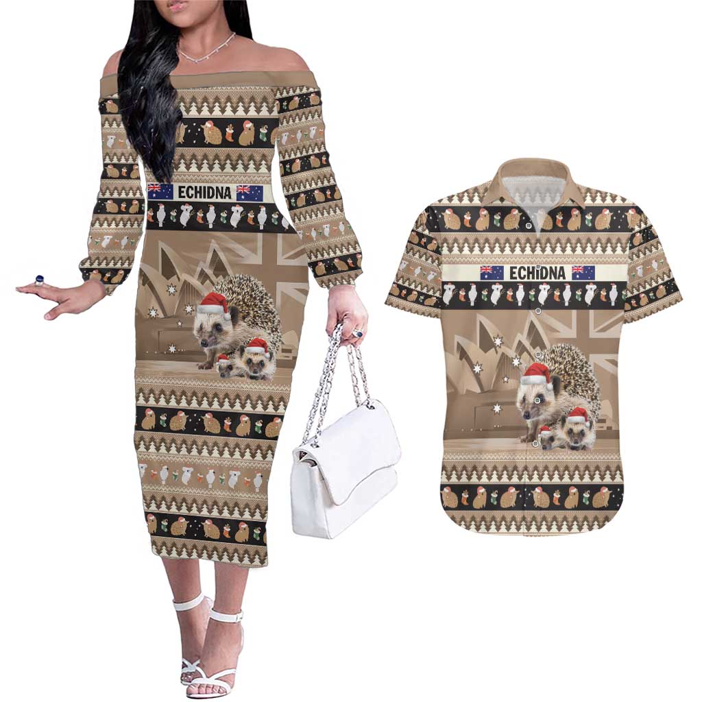Aussie Echidna Couples Matching Off The Shoulder Long Sleeve Dress and Hawaiian Shirt Merry Christmas