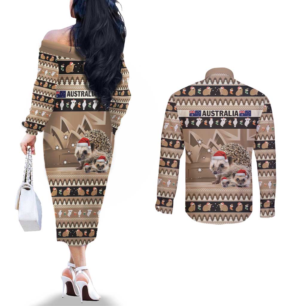 Aussie Echidna Couples Matching Off The Shoulder Long Sleeve Dress and Long Sleeve Button Shirt Merry Christmas