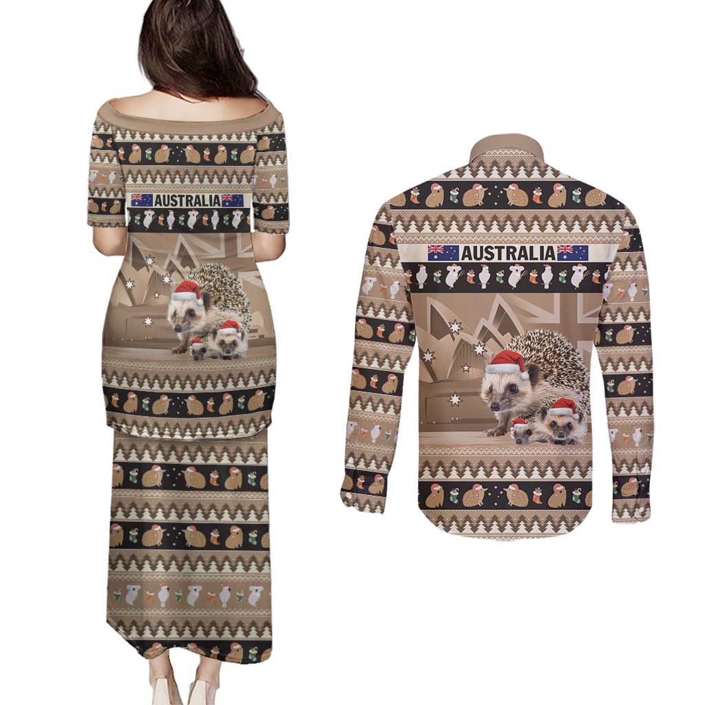 Aussie Echidna Couples Matching Puletasi and Long Sleeve Button Shirt Merry Christmas