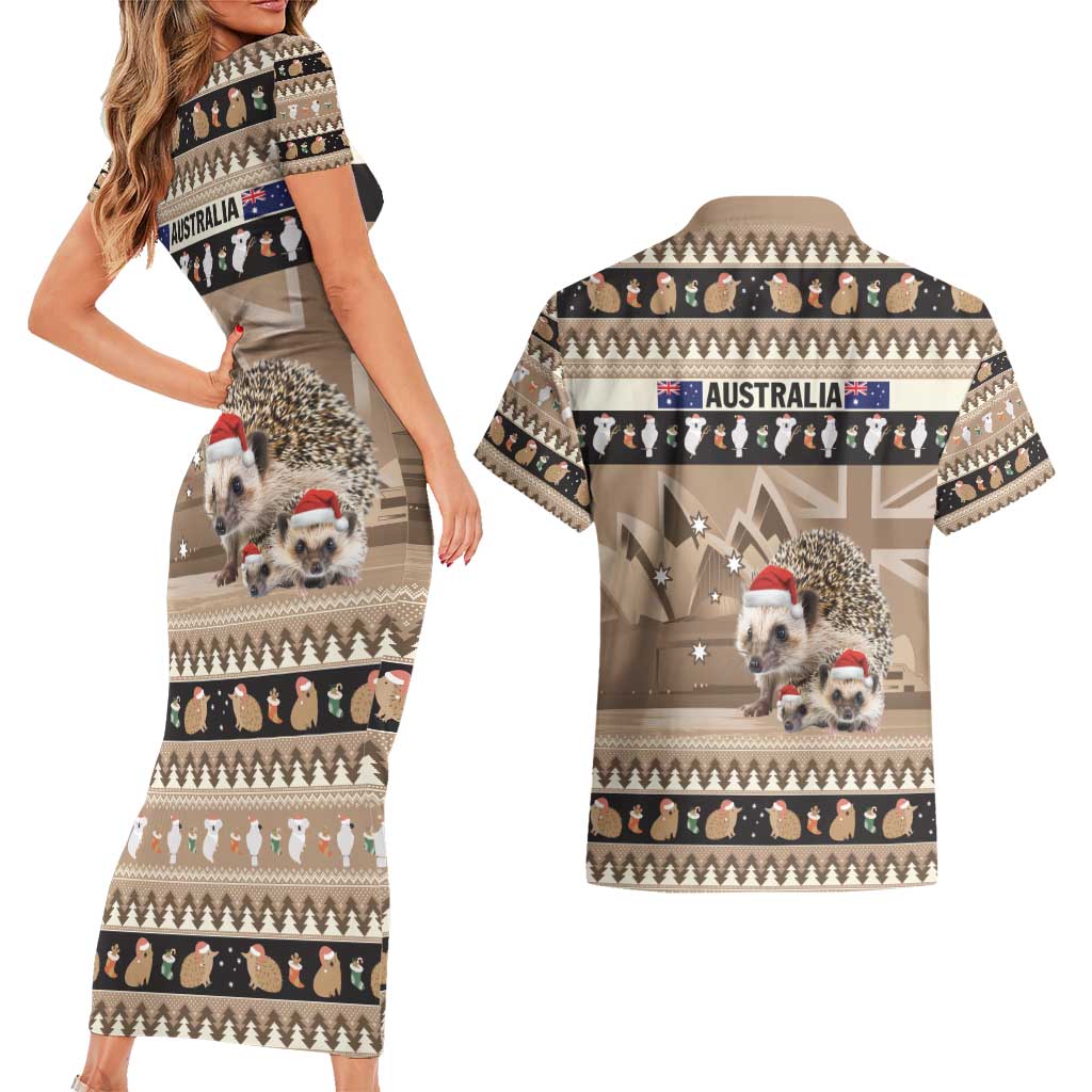 Aussie Echidna Couples Matching Short Sleeve Bodycon Dress and Hawaiian Shirt Merry Christmas