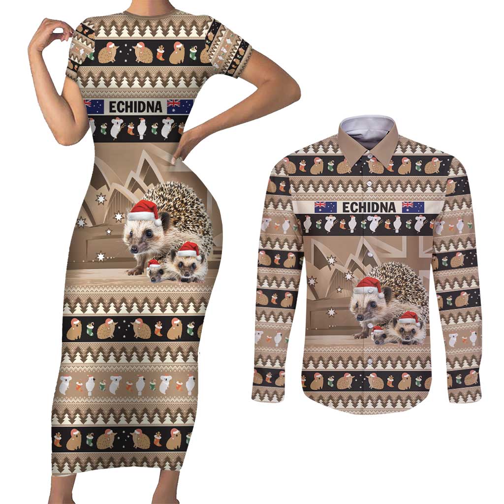 Aussie Echidna Couples Matching Short Sleeve Bodycon Dress and Long Sleeve Button Shirt Merry Christmas