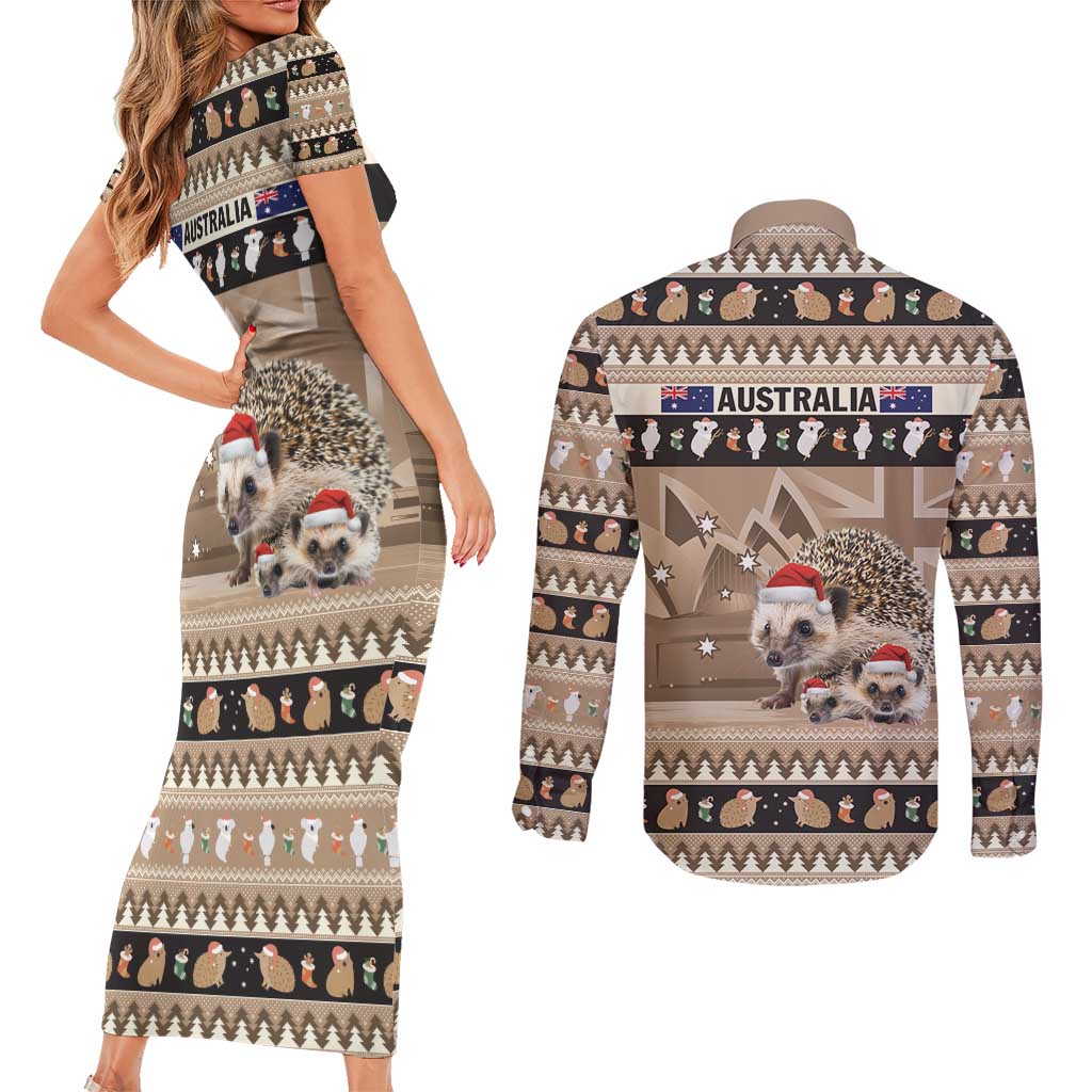 Aussie Echidna Couples Matching Short Sleeve Bodycon Dress and Long Sleeve Button Shirt Merry Christmas