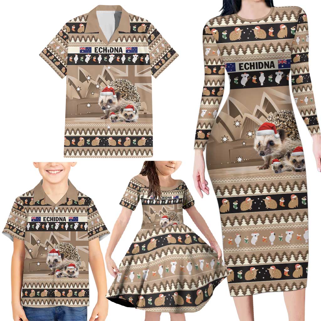 Aussie Echidna Family Matching Long Sleeve Bodycon Dress and Hawaiian Shirt Merry Christmas