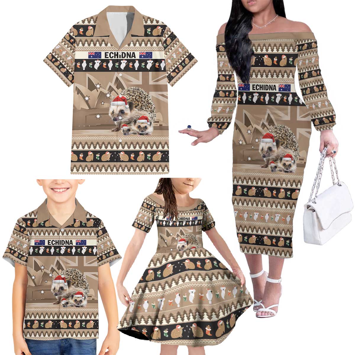 Aussie Echidna Family Matching Off The Shoulder Long Sleeve Dress and Hawaiian Shirt Merry Christmas