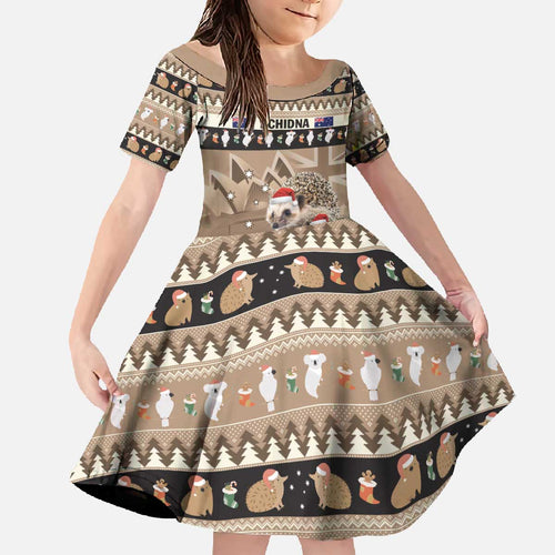Aussie Echidna Family Matching Off The Shoulder Long Sleeve Dress and Hawaiian Shirt Merry Christmas