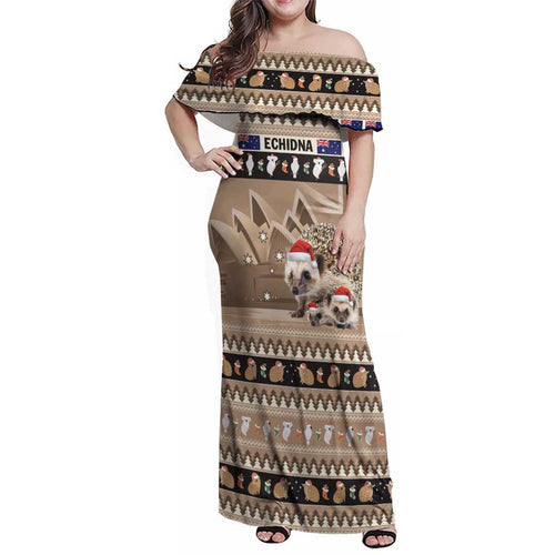 Aussie Echidna Family Matching Off Shoulder Maxi Dress and Hawaiian Shirt Merry Christmas