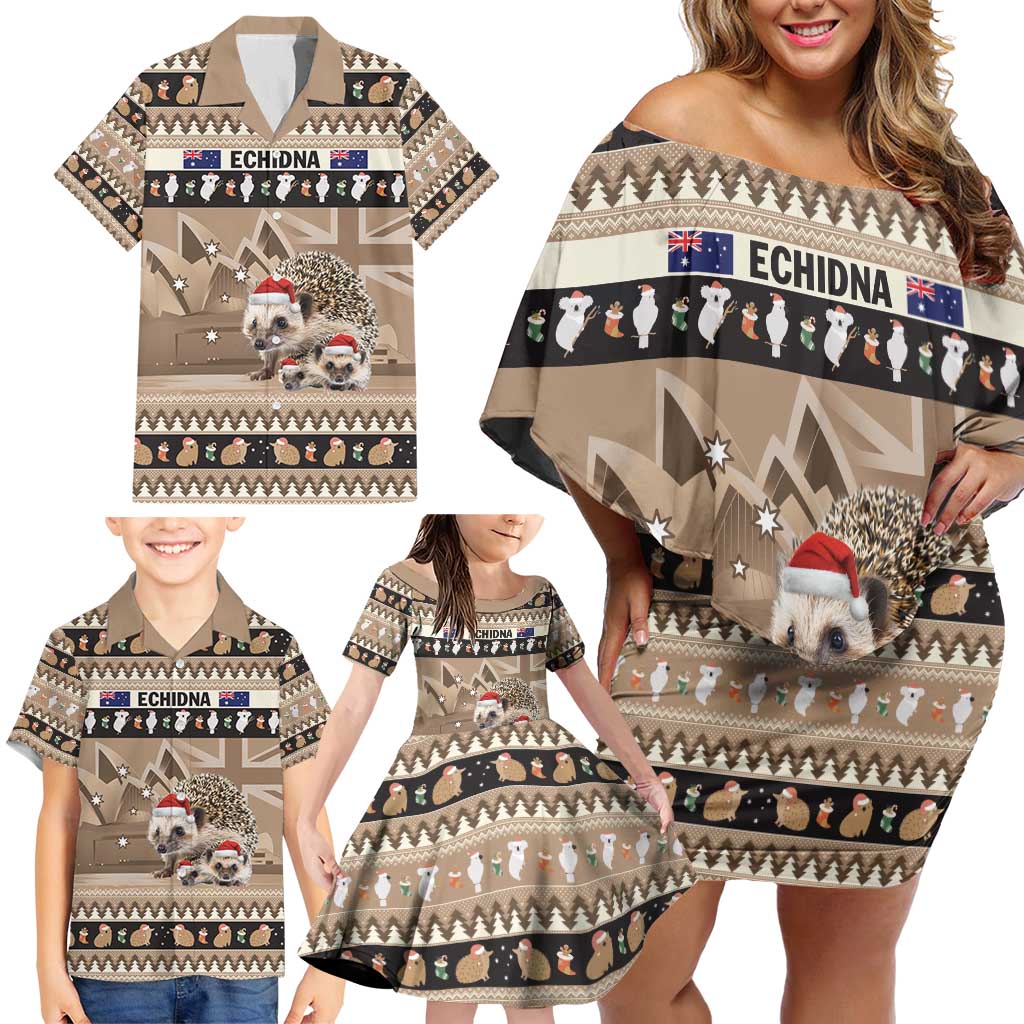 Aussie Echidna Family Matching Off Shoulder Short Dress and Hawaiian Shirt Merry Christmas