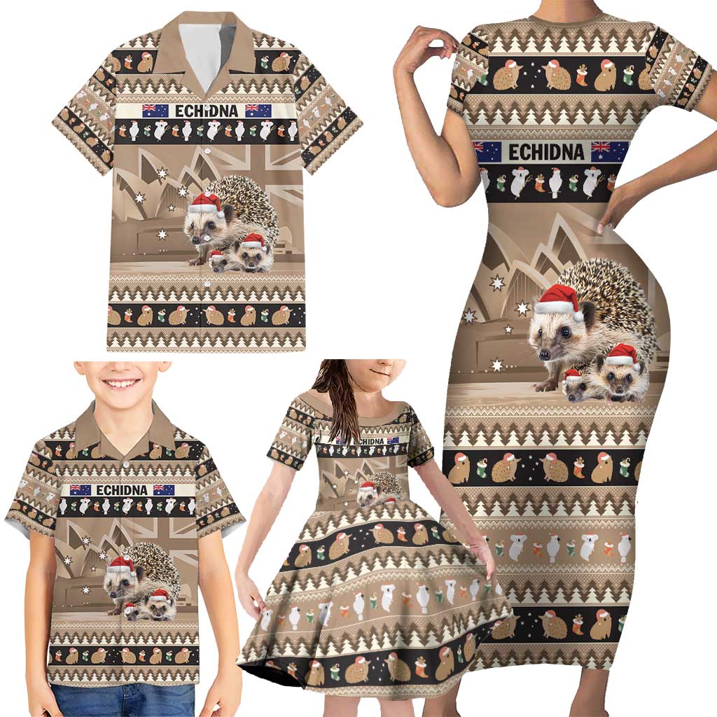 Aussie Echidna Family Matching Short Sleeve Bodycon Dress and Hawaiian Shirt Merry Christmas