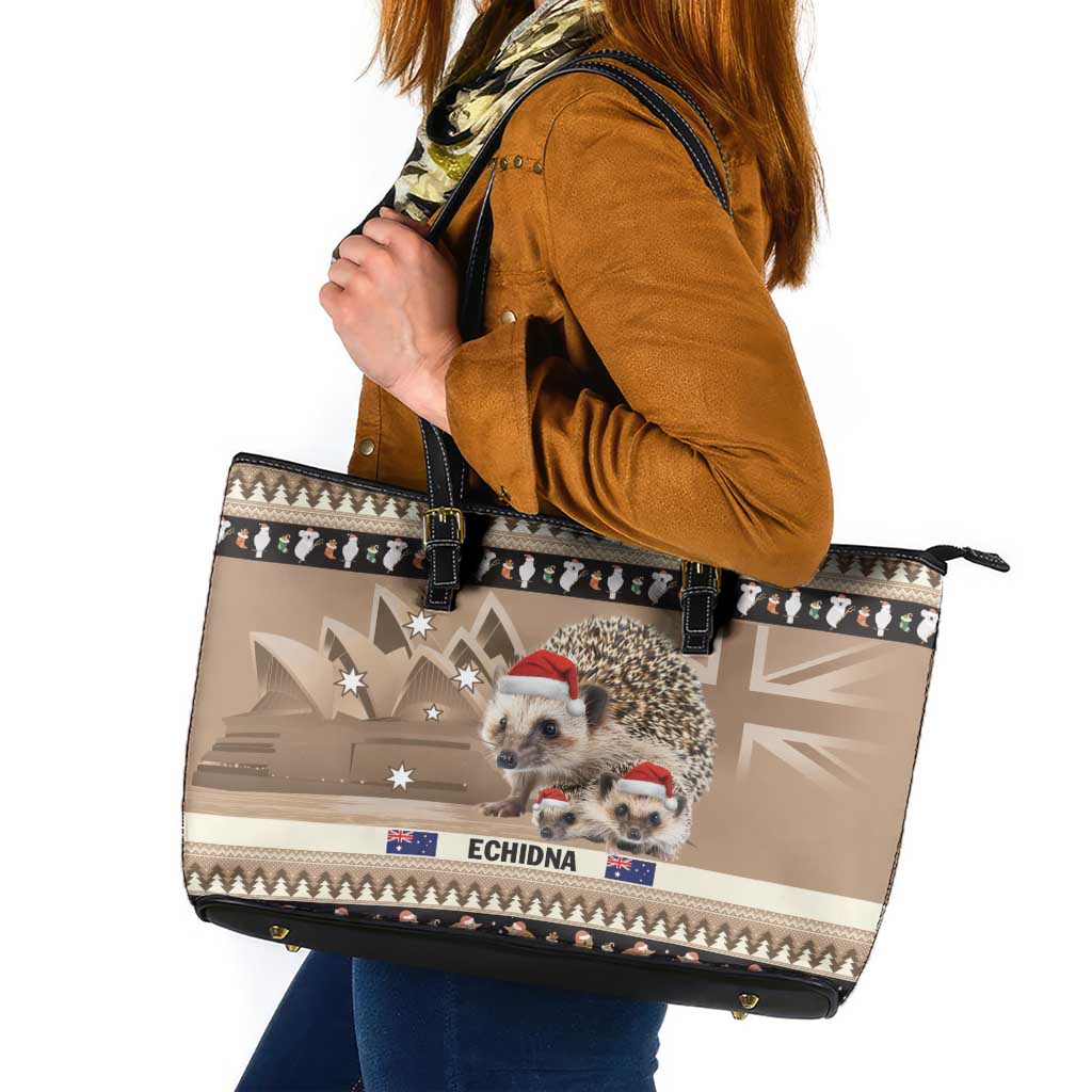 Aussie Echidna Leather Tote Bag Merry Christmas