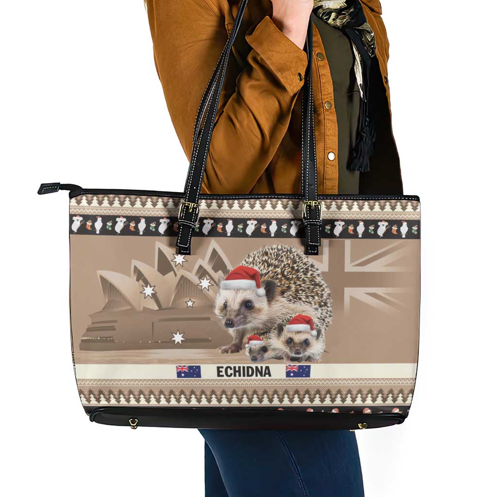 Aussie Echidna Leather Tote Bag Merry Christmas