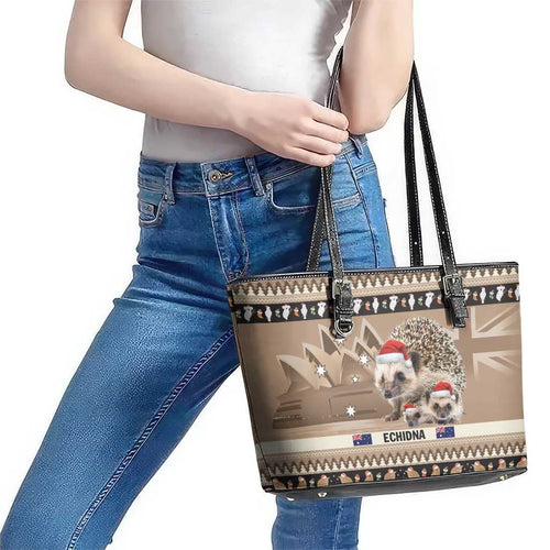 Aussie Echidna Leather Tote Bag Merry Christmas