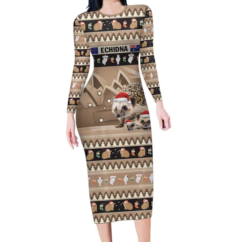 Aussie Echidna Long Sleeve Bodycon Dress Merry Christmas