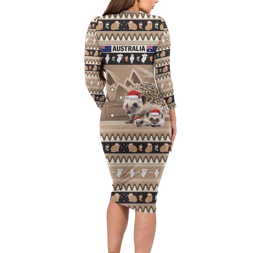Aussie Echidna Long Sleeve Bodycon Dress Merry Christmas