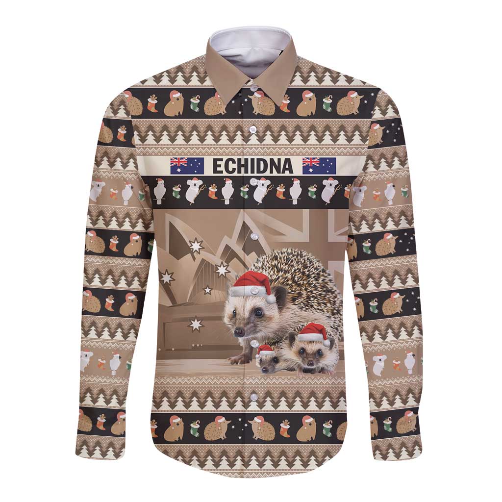Aussie Echidna Long Sleeve Button Shirt Merry Christmas
