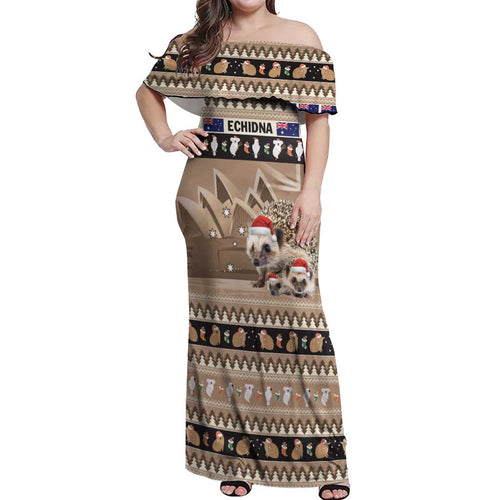 Aussie Echidna Off Shoulder Maxi Dress Merry Christmas