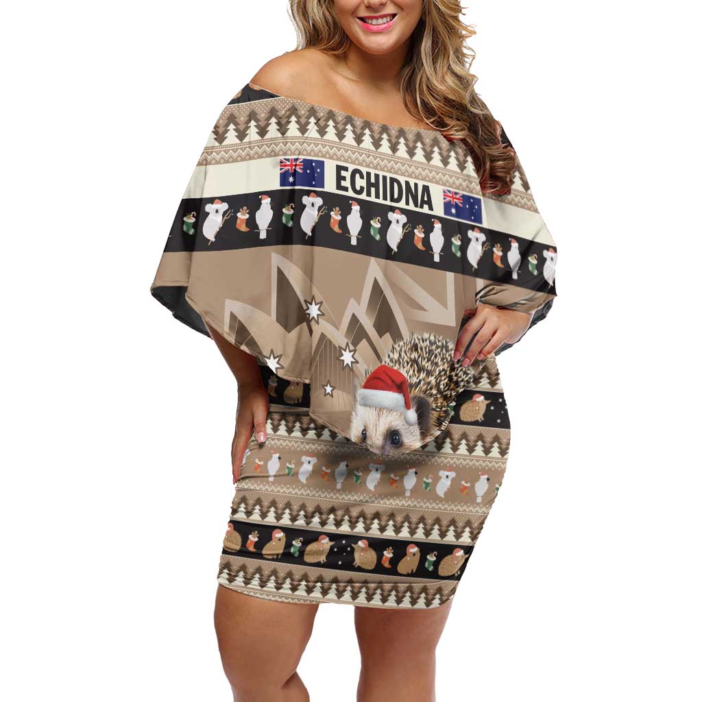 Aussie Echidna Off Shoulder Short Dress Merry Christmas