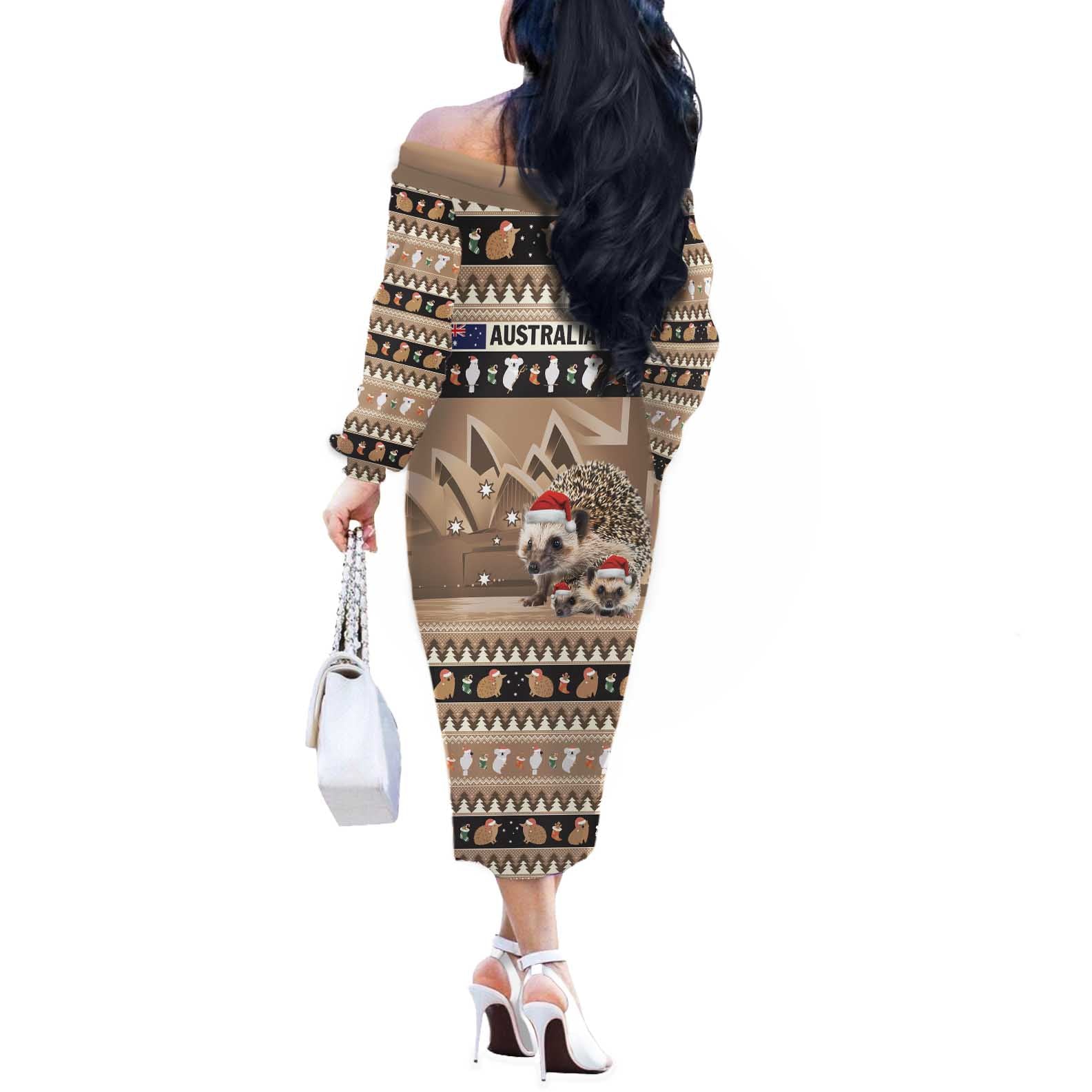 Aussie Echidna Off The Shoulder Long Sleeve Dress Merry Christmas