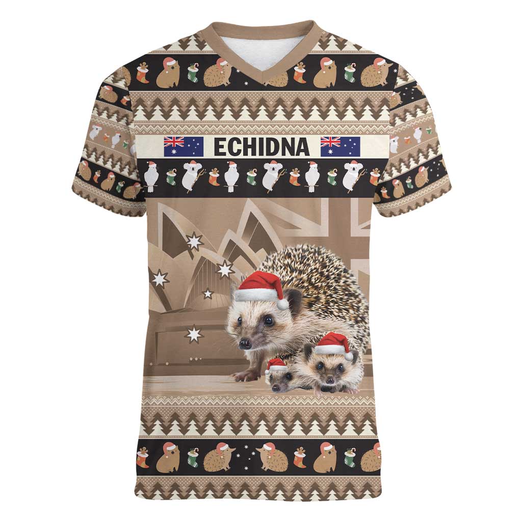 Aussie Echidna Women V-Neck T-Shirt Merry Christmas