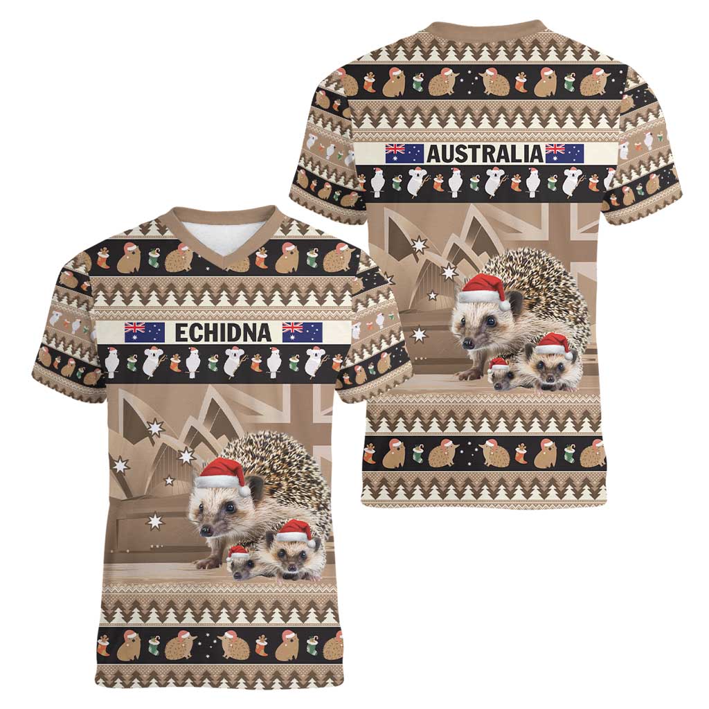 Aussie Echidna Women V-Neck T-Shirt Merry Christmas