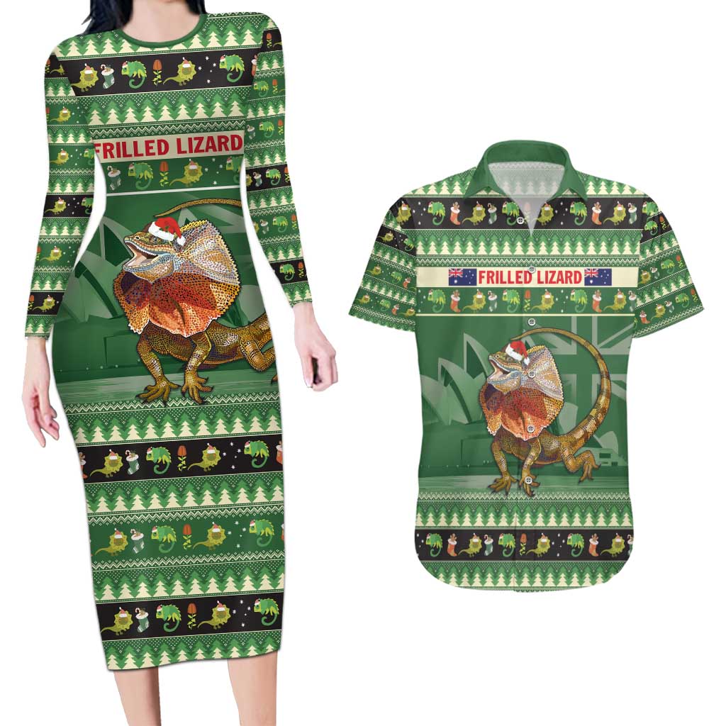Aussie Frilled Lizard Couples Matching Long Sleeve Bodycon Dress and Hawaiian Shirt Merry Christmas