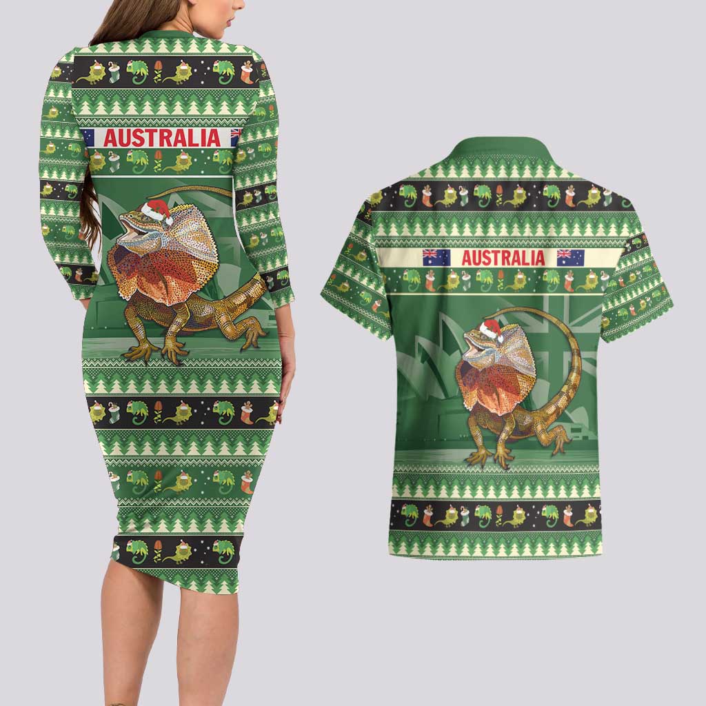 Aussie Frilled Lizard Couples Matching Long Sleeve Bodycon Dress and Hawaiian Shirt Merry Christmas