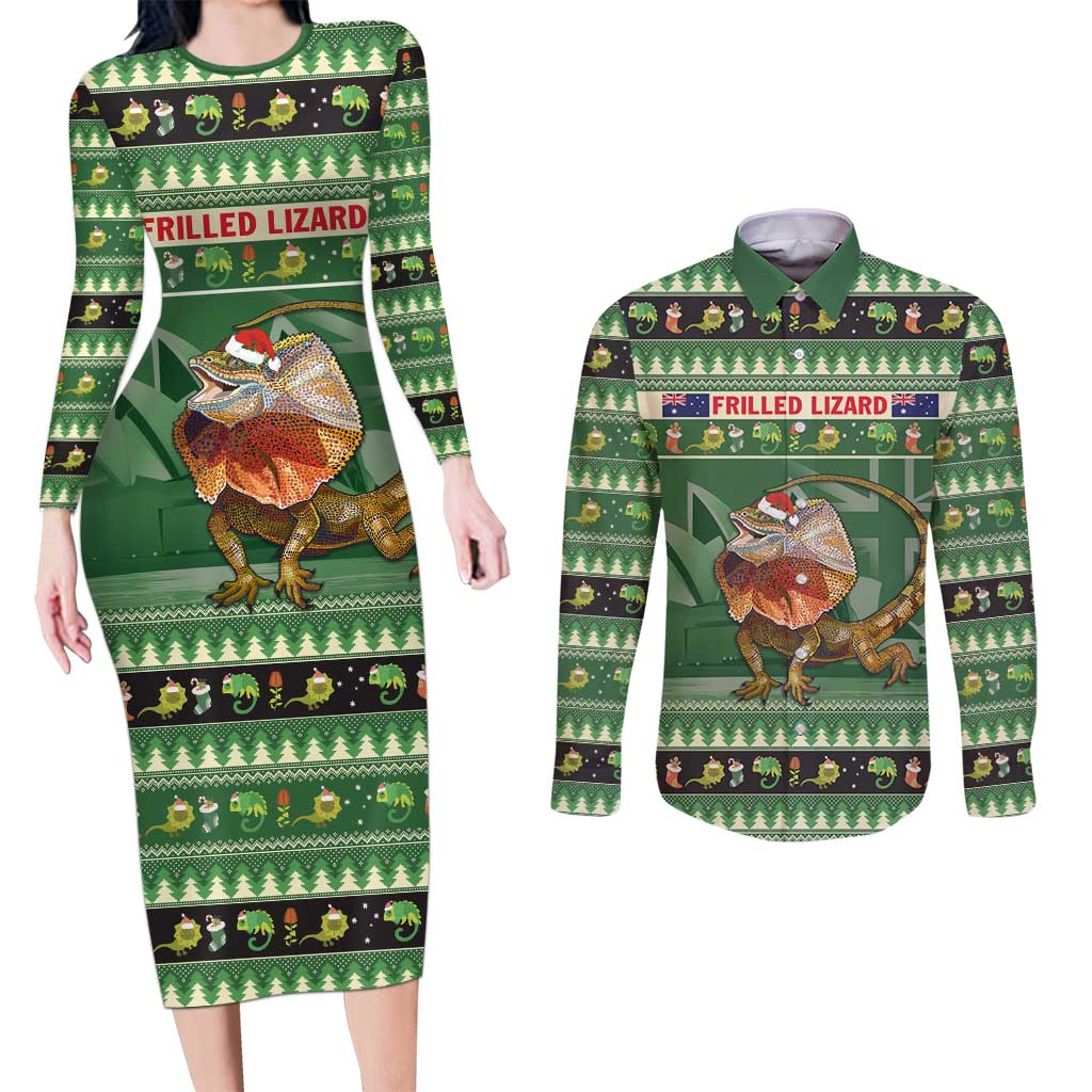 Aussie Frilled Lizard Couples Matching Long Sleeve Bodycon Dress and Long Sleeve Button Shirt Merry Christmas