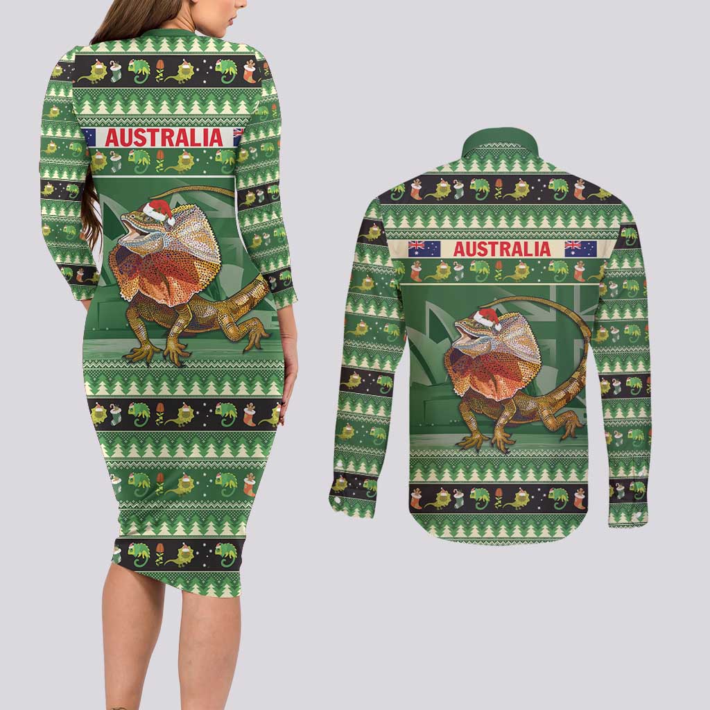 Aussie Frilled Lizard Couples Matching Long Sleeve Bodycon Dress and Long Sleeve Button Shirt Merry Christmas