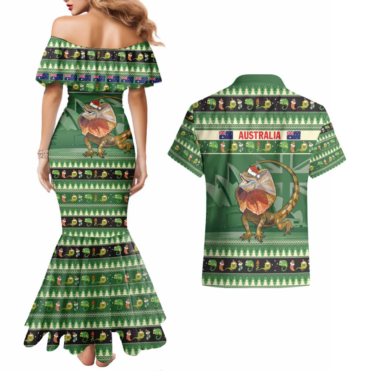 Aussie Frilled Lizard Couples Matching Mermaid Dress and Hawaiian Shirt Merry Christmas