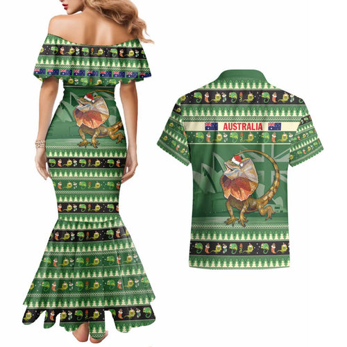 Aussie Frilled Lizard Couples Matching Mermaid Dress and Hawaiian Shirt Merry Christmas