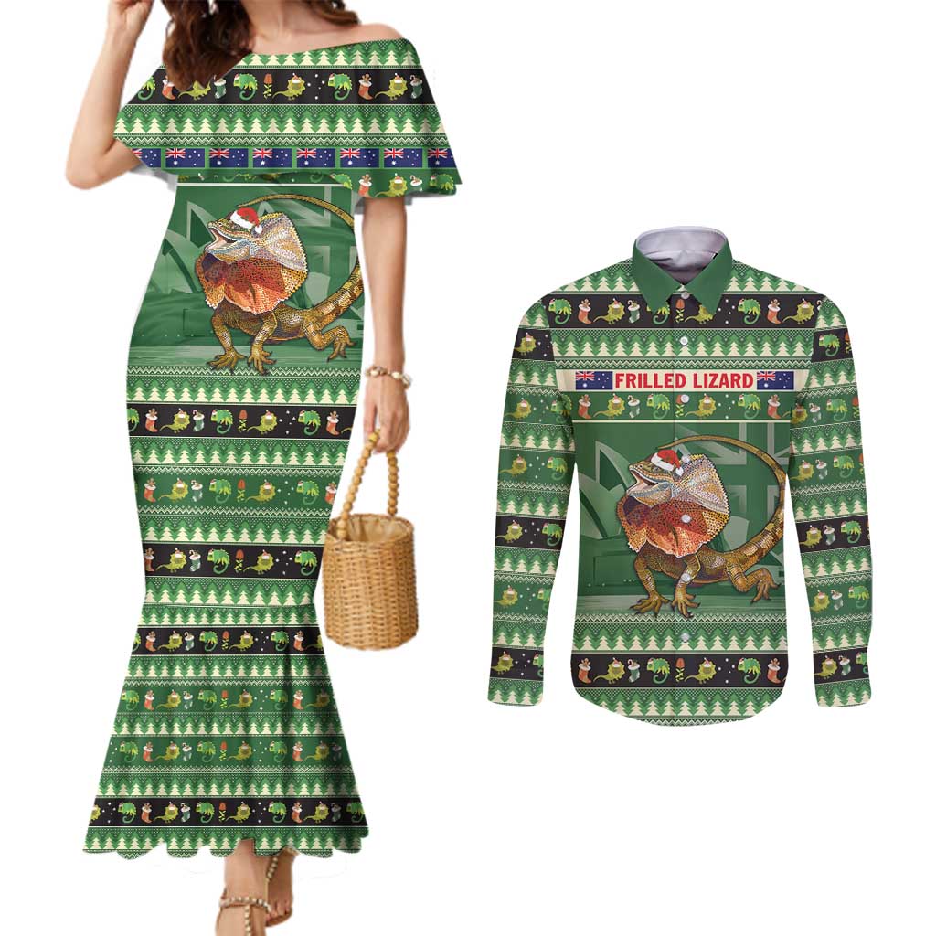 Aussie Frilled Lizard Couples Matching Mermaid Dress and Long Sleeve Button Shirt Merry Christmas