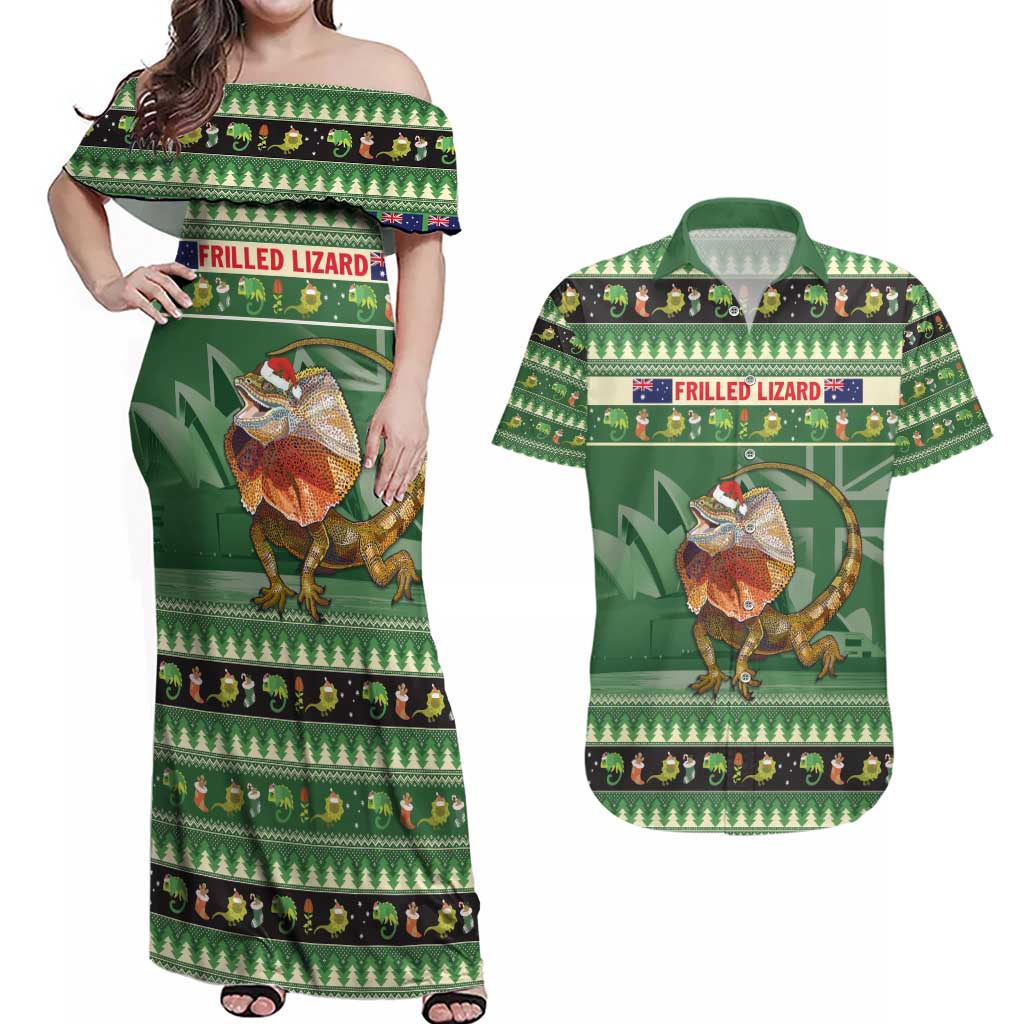 Aussie Frilled Lizard Couples Matching Off Shoulder Maxi Dress and Hawaiian Shirt Merry Christmas