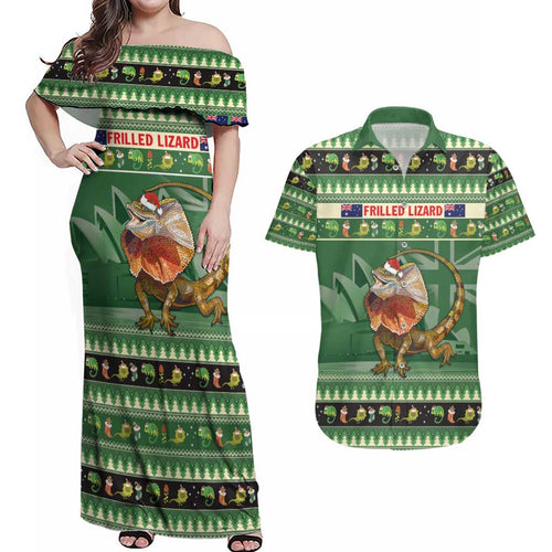 Aussie Frilled Lizard Couples Matching Off Shoulder Maxi Dress and Hawaiian Shirt Merry Christmas