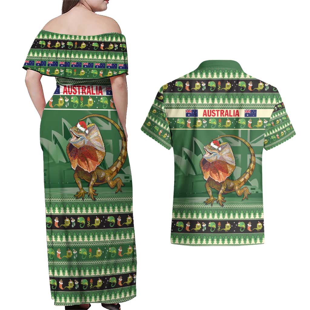 Aussie Frilled Lizard Couples Matching Off Shoulder Maxi Dress and Hawaiian Shirt Merry Christmas