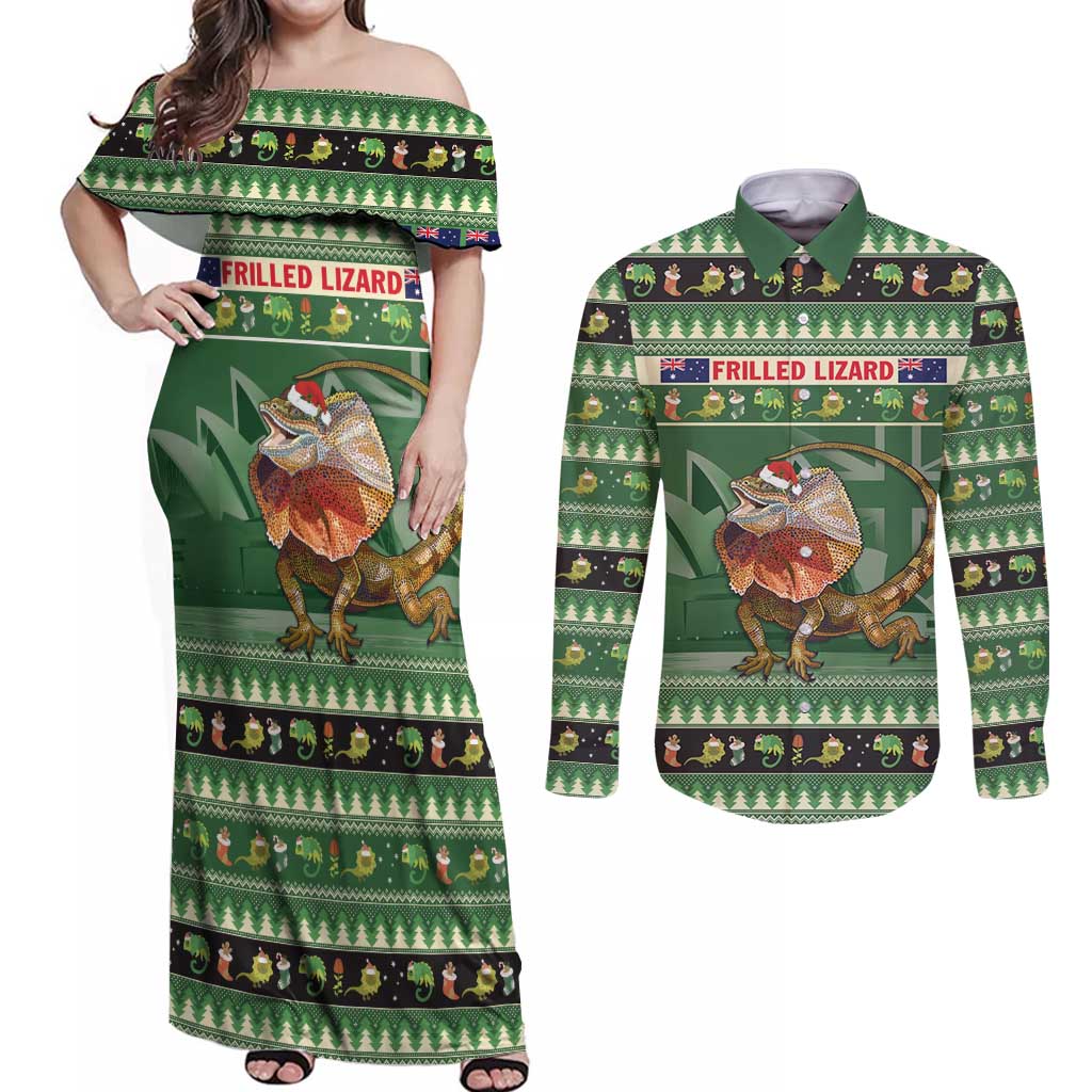 Aussie Frilled Lizard Couples Matching Off Shoulder Maxi Dress and Long Sleeve Button Shirt Merry Christmas