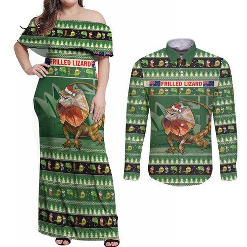 Aussie Frilled Lizard Couples Matching Off Shoulder Maxi Dress and Long Sleeve Button Shirt Merry Christmas