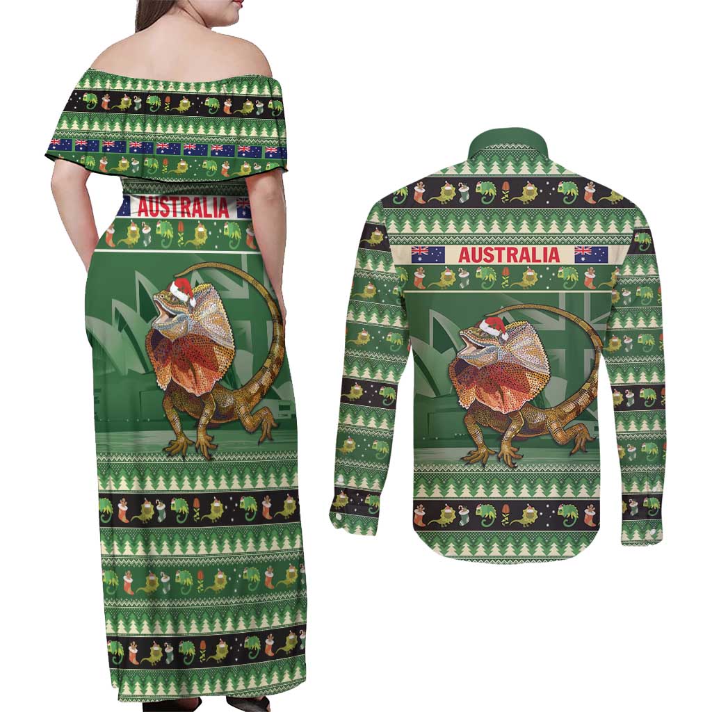 Aussie Frilled Lizard Couples Matching Off Shoulder Maxi Dress and Long Sleeve Button Shirt Merry Christmas