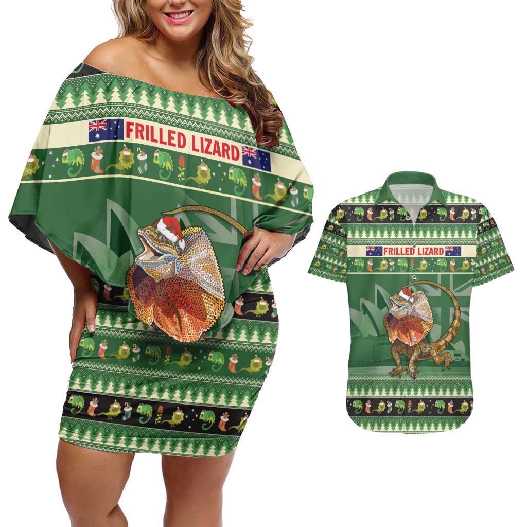 Aussie Frilled Lizard Couples Matching Off Shoulder Short Dress and Hawaiian Shirt Merry Christmas