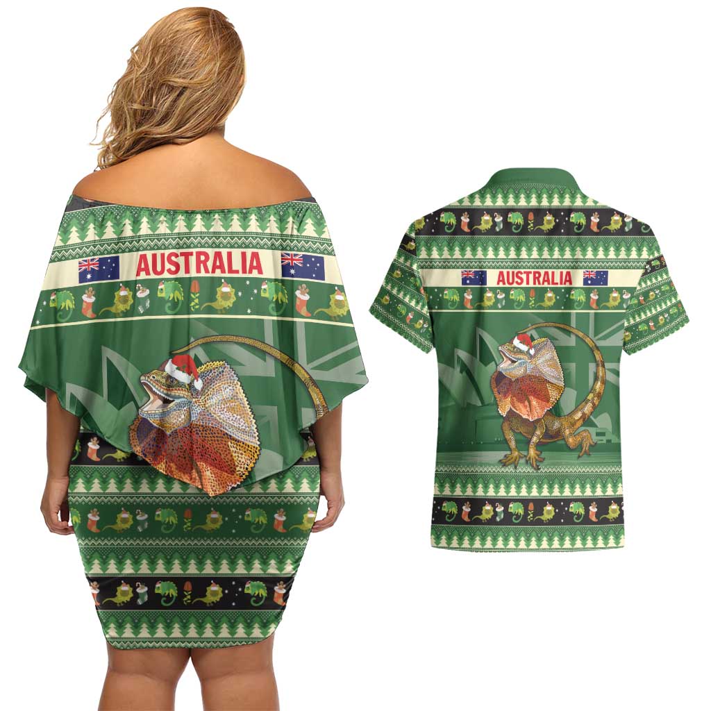 Aussie Frilled Lizard Couples Matching Off Shoulder Short Dress and Hawaiian Shirt Merry Christmas