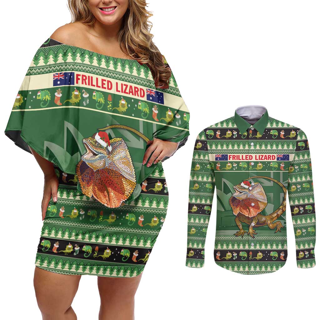 Aussie Frilled Lizard Couples Matching Off Shoulder Short Dress and Long Sleeve Button Shirt Merry Christmas