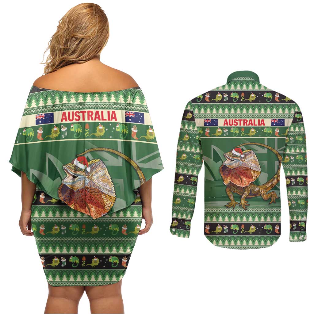 Aussie Frilled Lizard Couples Matching Off Shoulder Short Dress and Long Sleeve Button Shirt Merry Christmas