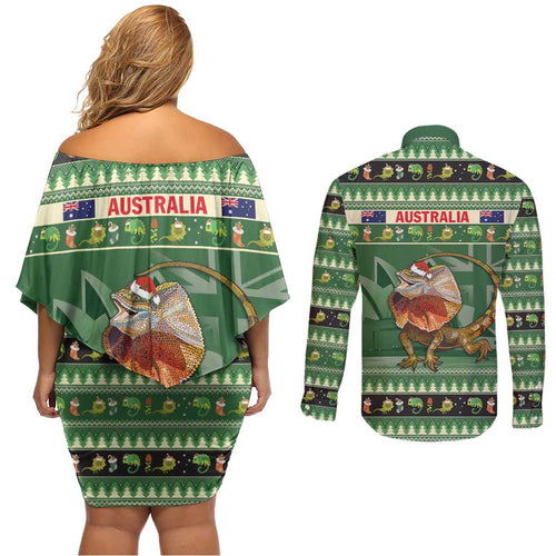 Aussie Frilled Lizard Couples Matching Off Shoulder Short Dress and Long Sleeve Button Shirt Merry Christmas