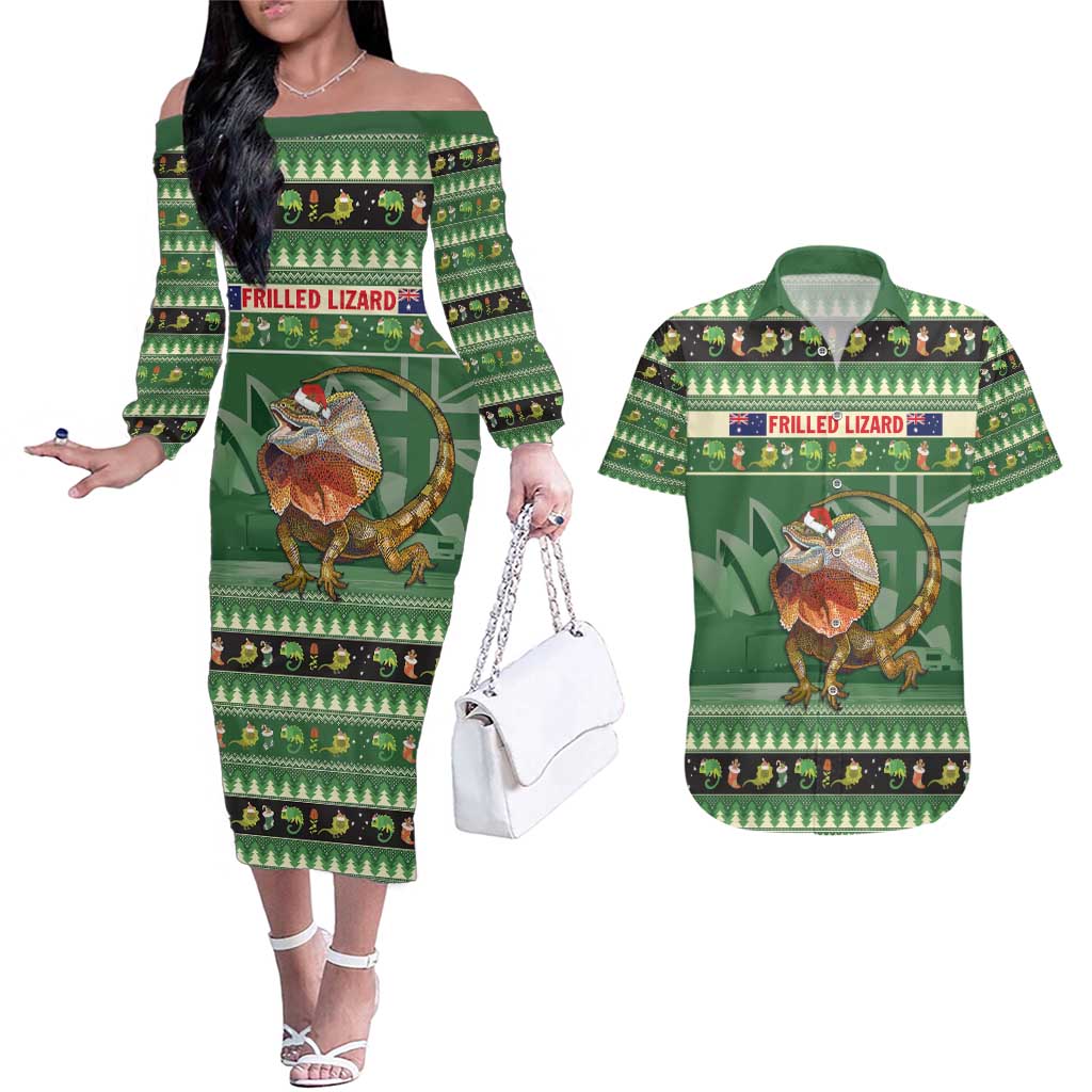 Aussie Frilled Lizard Couples Matching Off The Shoulder Long Sleeve Dress and Hawaiian Shirt Merry Christmas