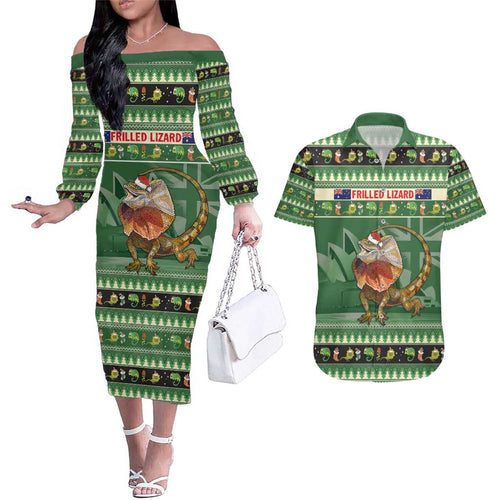 Aussie Frilled Lizard Couples Matching Off The Shoulder Long Sleeve Dress and Hawaiian Shirt Merry Christmas