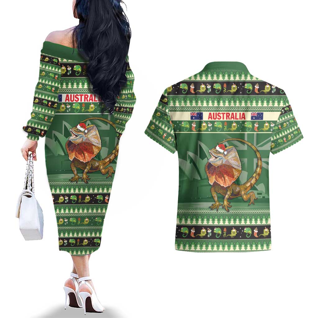 Aussie Frilled Lizard Couples Matching Off The Shoulder Long Sleeve Dress and Hawaiian Shirt Merry Christmas