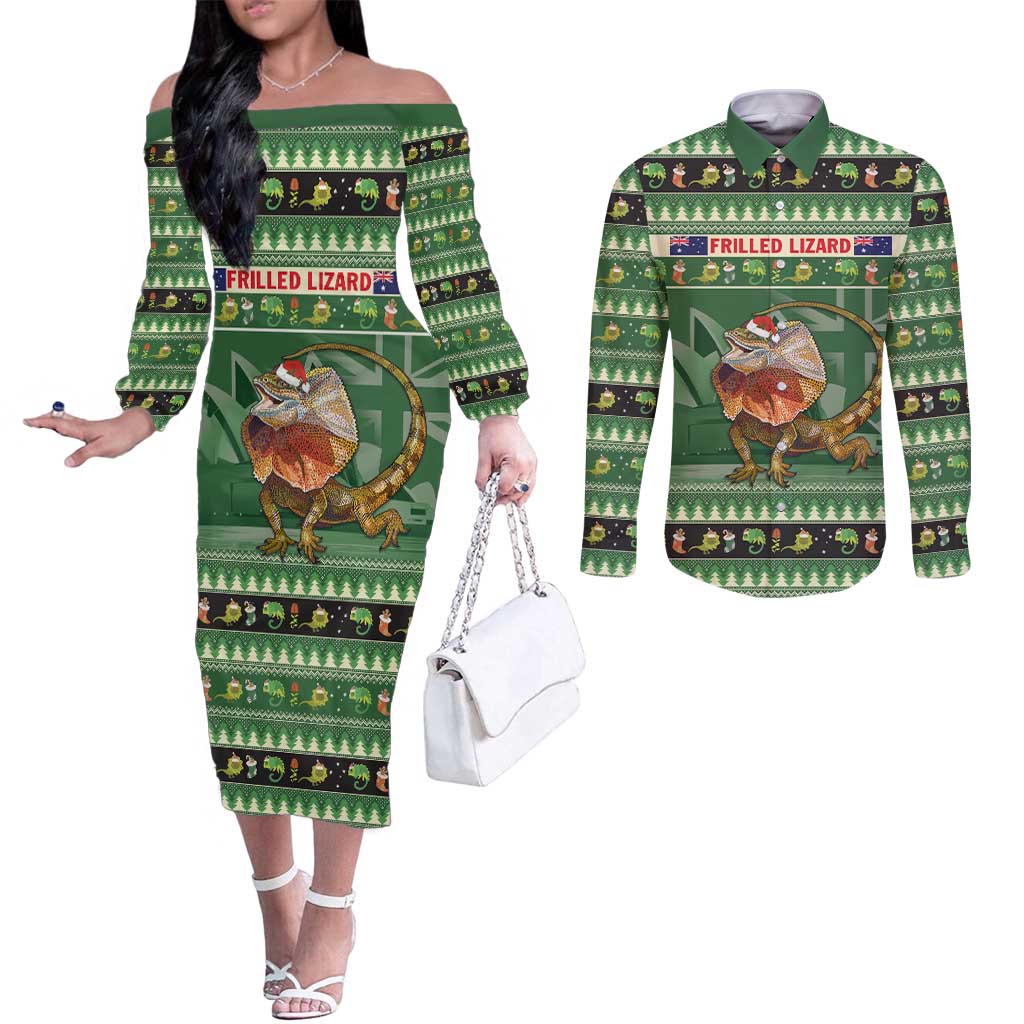 Aussie Frilled Lizard Couples Matching Off The Shoulder Long Sleeve Dress and Long Sleeve Button Shirt Merry Christmas
