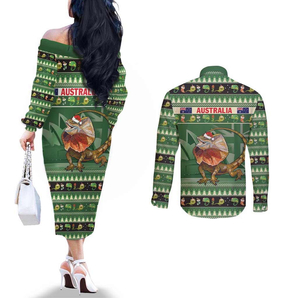 Aussie Frilled Lizard Couples Matching Off The Shoulder Long Sleeve Dress and Long Sleeve Button Shirt Merry Christmas