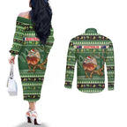 Aussie Frilled Lizard Couples Matching Off The Shoulder Long Sleeve Dress and Long Sleeve Button Shirt Merry Christmas