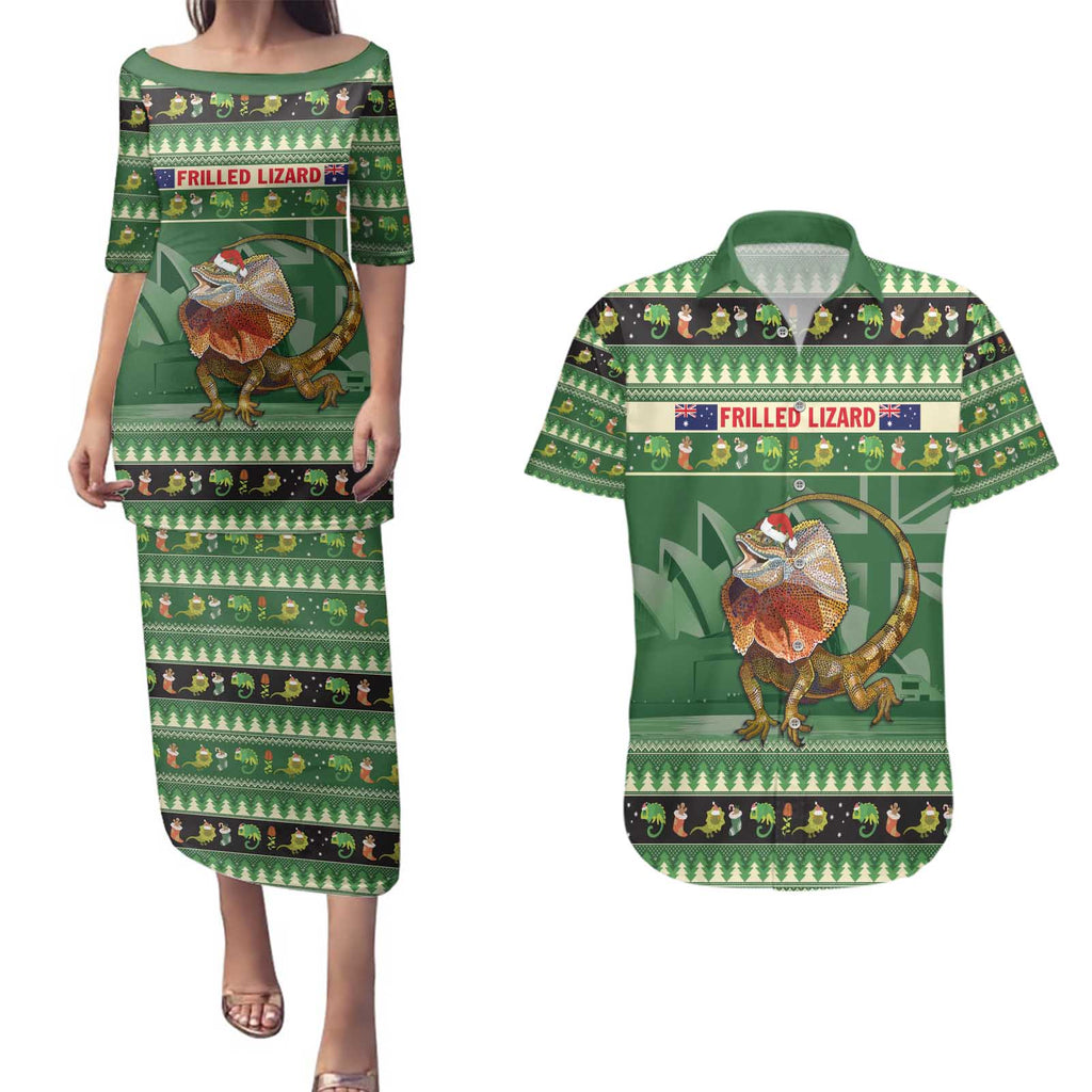 Aussie Frilled Lizard Couples Matching Puletasi and Hawaiian Shirt Merry Christmas